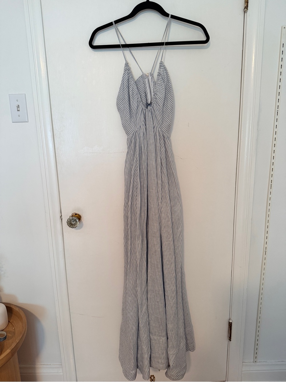Another tomorrow -Light Blue linen Stripe Maxi Sundress with Tie Front
